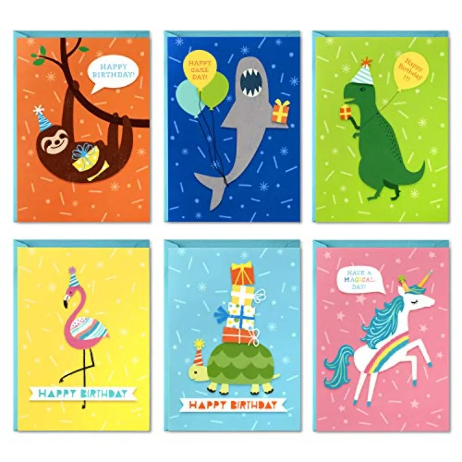 

Birthday Cards for Assortment, 48 Cards with Envelopes Dinosaurs, Sloths, Unicorns, Flamingos, Turtles, Sharks