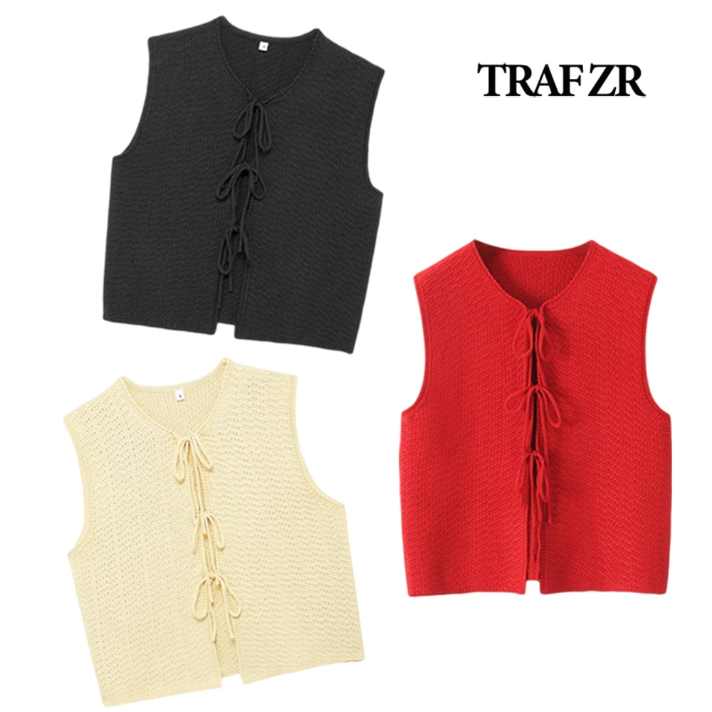 

TRAF ZR Fashion Women Trending Clothing Tanks & Camis Off Shoulder Y2k Tops Vintage Sleeveless Tank Tied Front Summer Knitwear