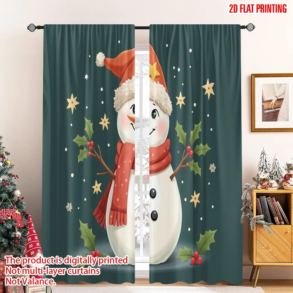 

2pcs 2D flat printing Merry Christmas Window Drapes Cute Snowman Christmas Festive Icon 100% Polyester Without Electricity