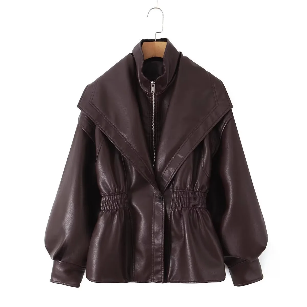 Moda superior & jaqueta feminina outerwear primavera outono lanterna manga gola de couro falso flip design estilo europeu