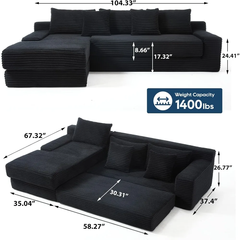 أرائك سحابة مقطعية على شكل حرف L لغرفة المعيشة مع إسفنج الذاكرة وإطار فولاذي بدون تجميع سرير أريكة قابل للتحويل، سروال قصير