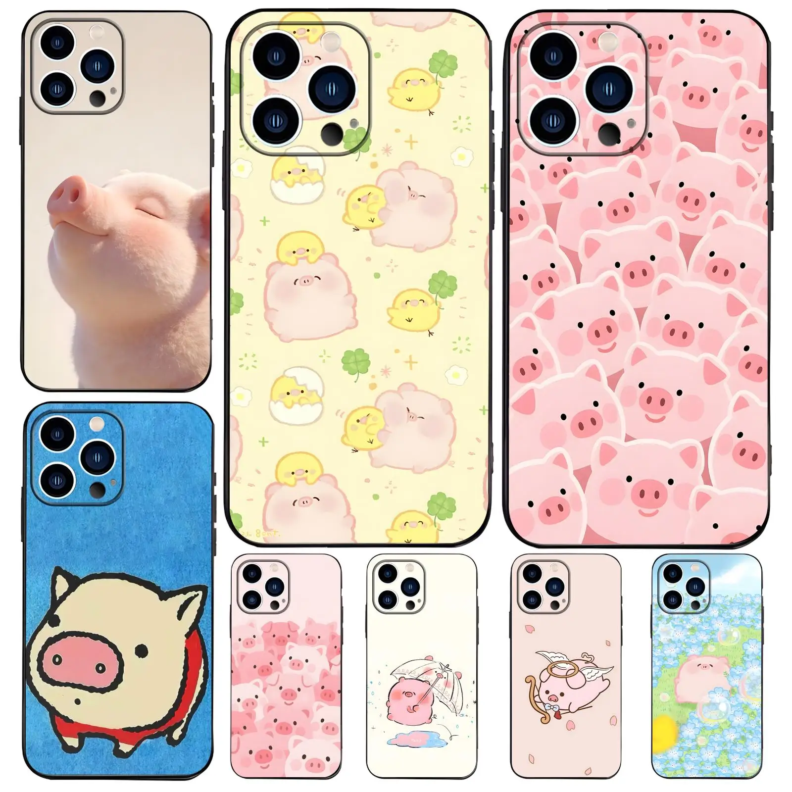 Phone Case For iPhone17 16 16e 15 14 13 12Plus Mini Pro Max Anti-Drop Soft Black Case Cute little pig
