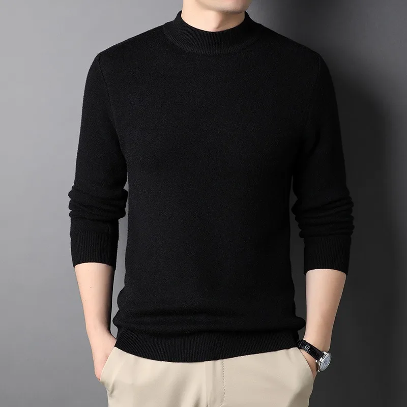 New Autumn Men\'s Half High Neck Sweater Knitted Pullover Underlay Knitted Fashion Slim Fit Solid Elastic Pullover Men\'s