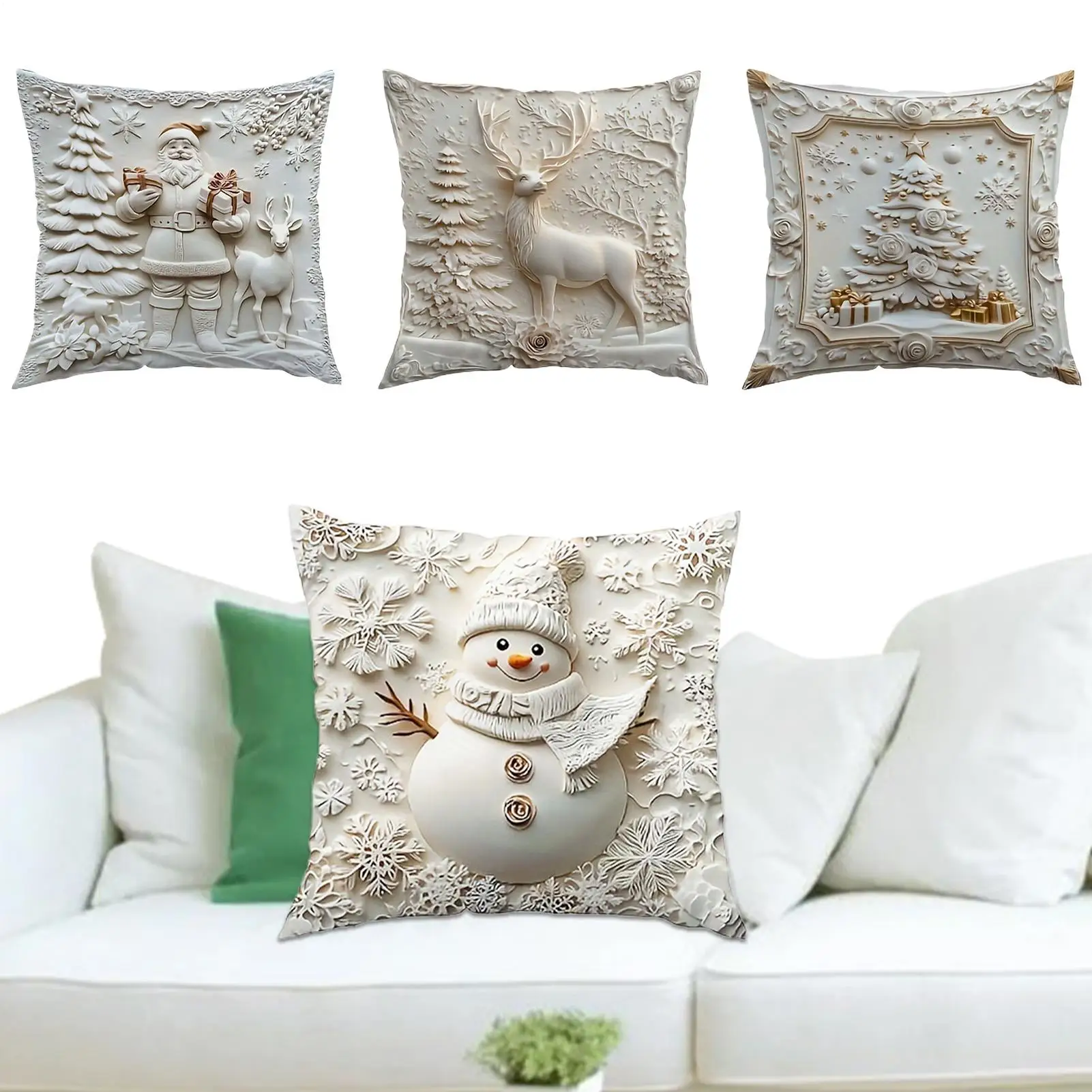 18x18 Inch Christmas Pillow Cases White Embossed Aesthetic Christmas Pillowcase 4 Pieces Christmas Couch Pillow Covers For Sofa