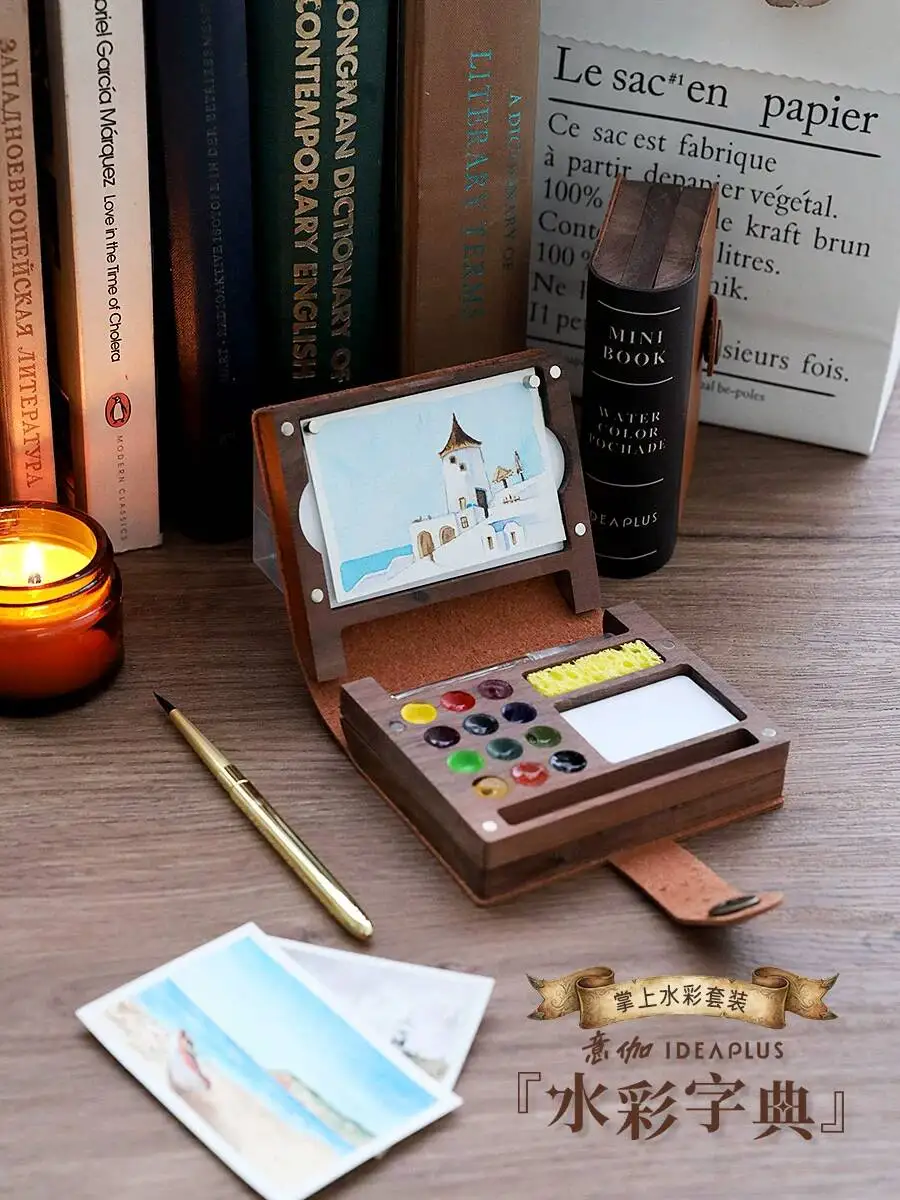 

IDEAPLUS Travel Mini Watercolor Paint Palette Walnut Wood Pochade Box With Compartments For Mixing Colors