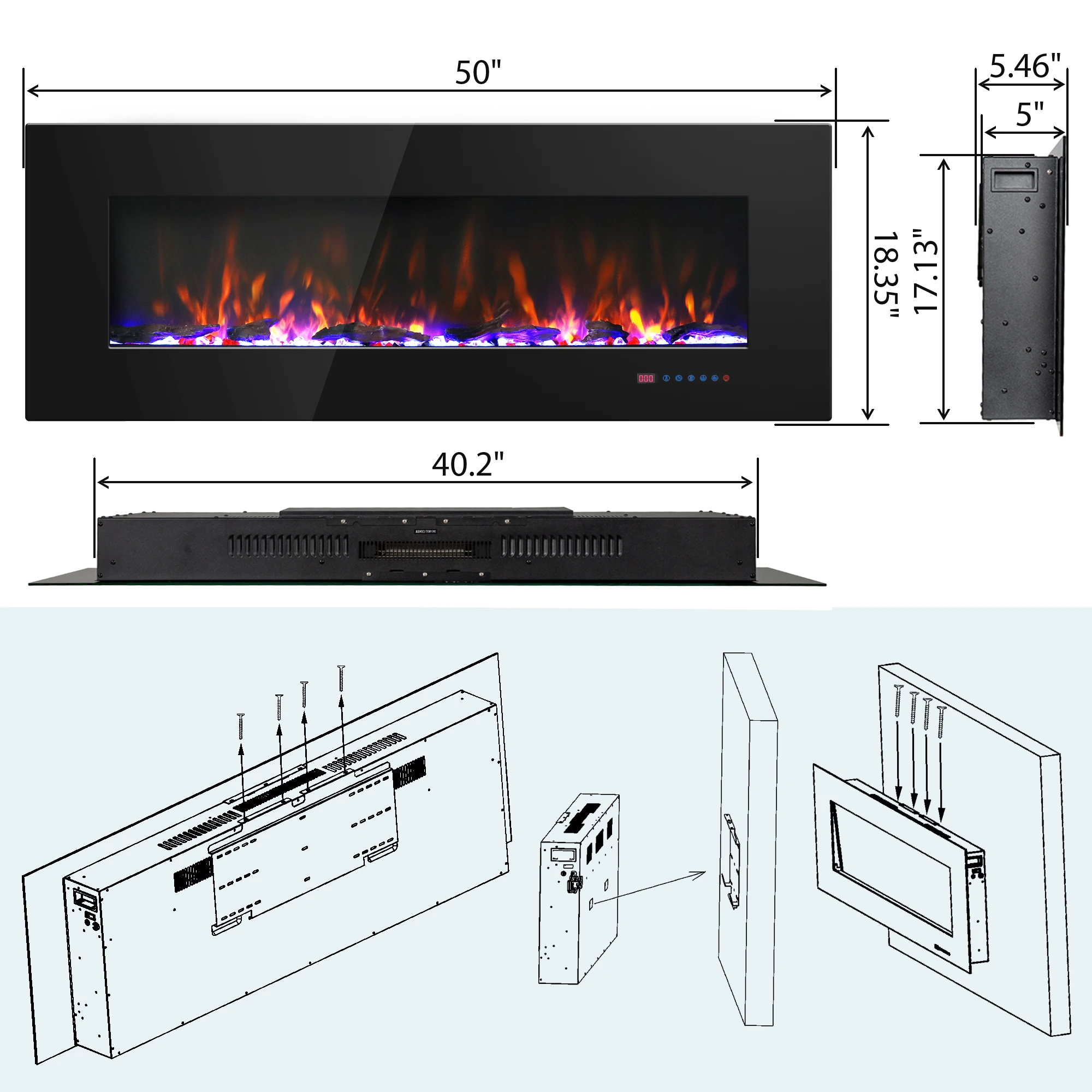50 Inch Wall-Mounted LED Light Electric Fireplace Indoor Heater For Household Hotel Use NOT For Recessed Installation