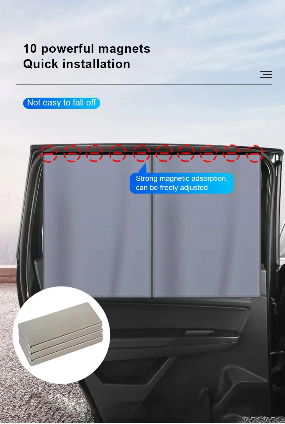 Magnetischer Auto-Seitenfenster-Sonnenschutz Atmungsaktiver Vorder-/Heckscheiben-Sonnenschutz für UV-Schutz Wärmeisolierung Privatsphäre Sonnenvorhang – Detail 5