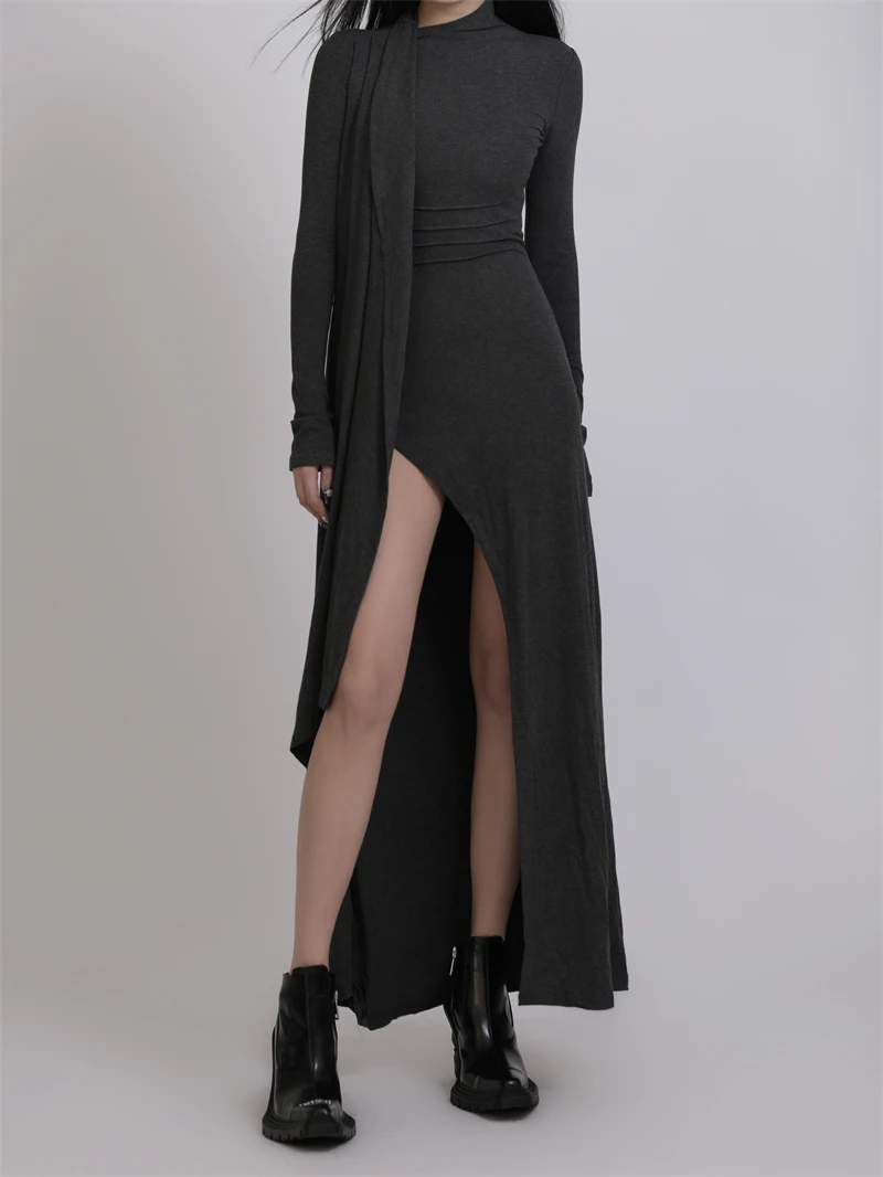 High-End Slimming Dress Special-Interest Design Spring and Autumn Long Hot Girl Slit Long Sleeve Dress Women's Trendy Sexy Robe