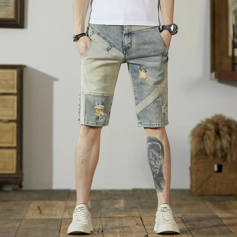 Summer Thin Retro Make Old Ripped Denim Shorts Men\'s Slim Stretch Patchwork Stitching Patch Casual Cropped Pants