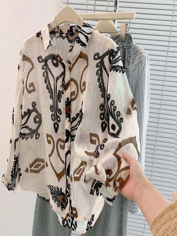 

Abstract Print Long Sve Women's irt Spring Autumn Loose Casual High Collar Open Cardigan Top Faionable Versatile Comfo...