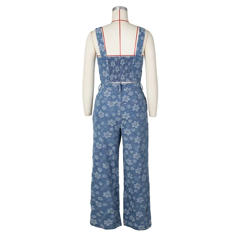 Floral Print Denim Pant Sets Womens 2 Piece Outfit Clubwear Birthday Crop Top and Wide Leg Pants Rave Festival Matching Sets