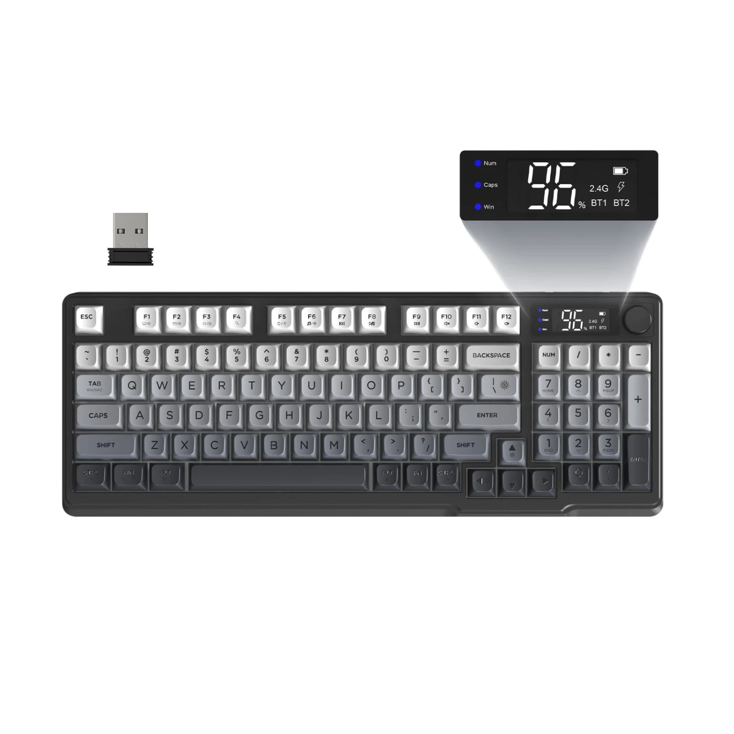 Freewolf M96 Wireless Gaming Keyboard, Knob Control BT/2.4g, RGB LED Backlight Display, Pbt Keycap, 3000mah Battery, Us Layout