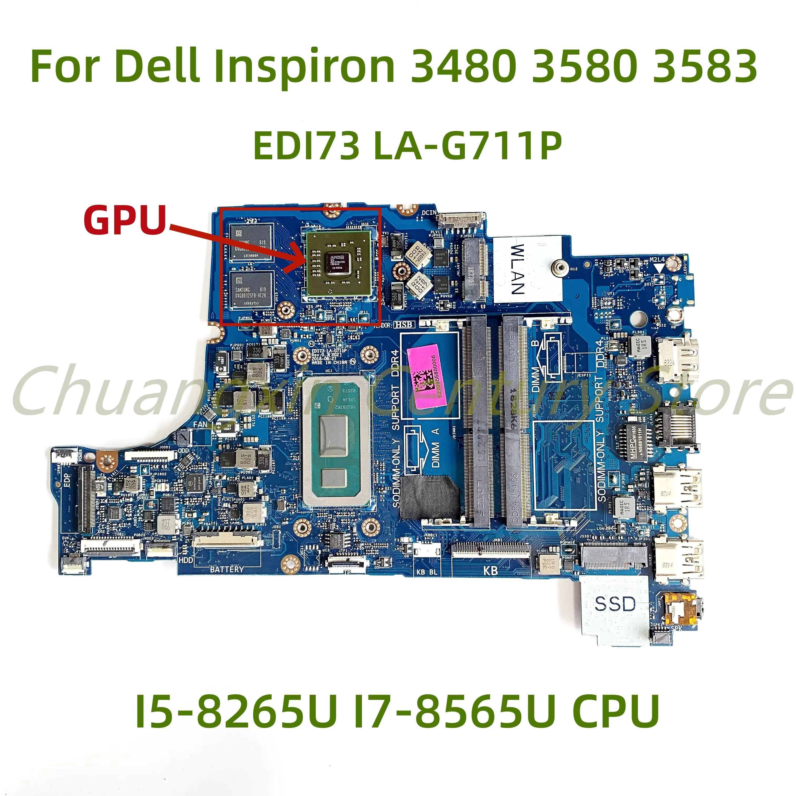 

LA-G711P motherboard for Dell Inspiron 3480 3580 3583 3780 Laptop with I5-8265U I7-8565U CPU R5M230 2GB GPU 100% Test ok