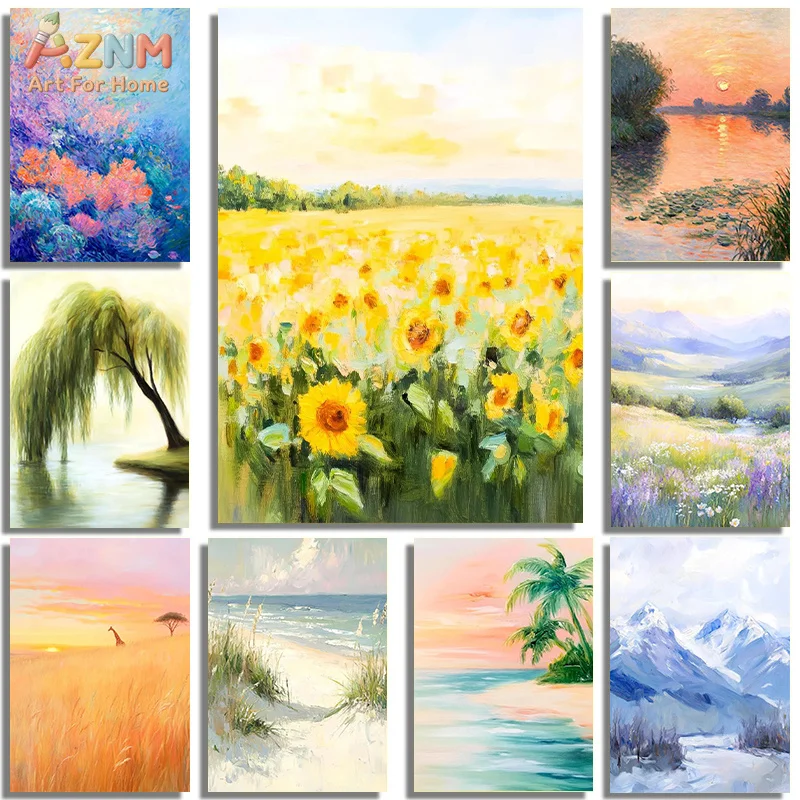 AZNM Impressionist Landscape Canvas Wall Art Sunflower Beach Sunset Oil Painting Style Print for Home Decor