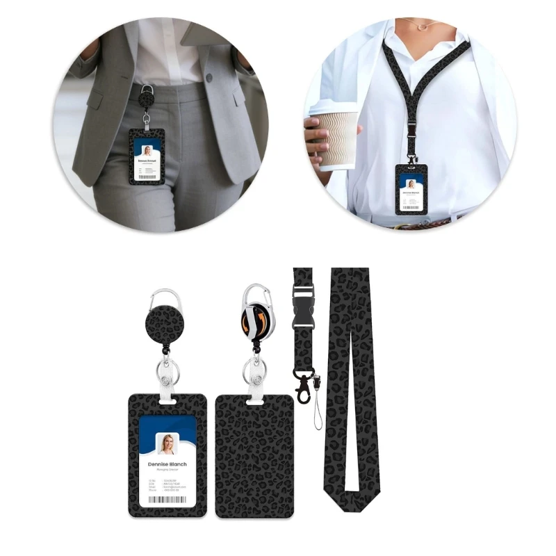  Leopards Lanyard with ABS Card Cover Retractable Badge Holder for Employees