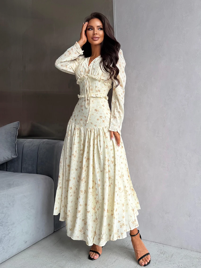 

Marthaqiqi Printing Female Sleepwear Lace Up Nightie Long Sleeve Pajamas V-Neck Nightgowns Ankle-Length Dress Fashion Nightwear