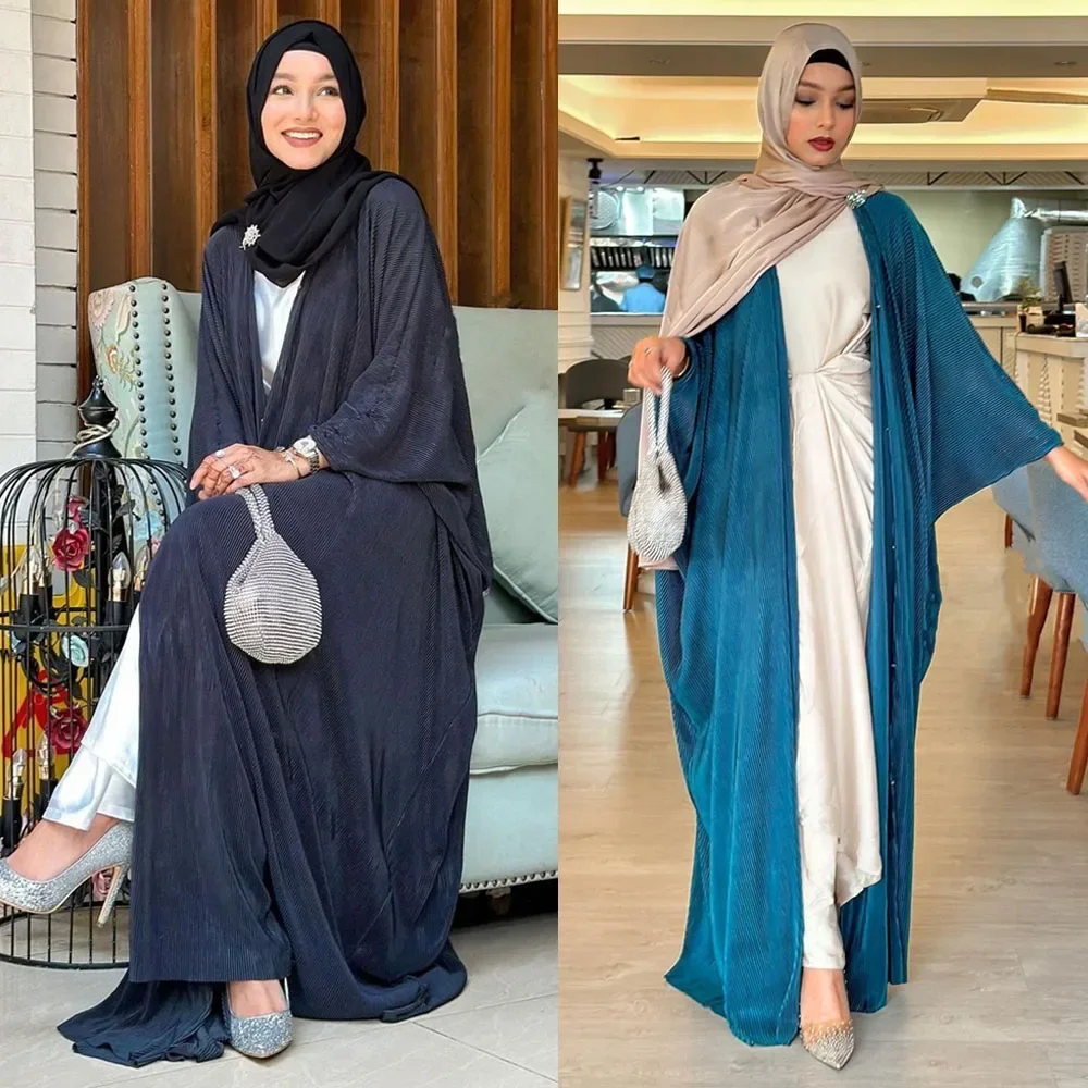 

Eid Party Abaya Muslim Wrinkle Open Cardigan Kimono Women Bat Sleeve Dresses Turkey Kaftan Dubai Arab Gown Islam Jalabiya Kebaya