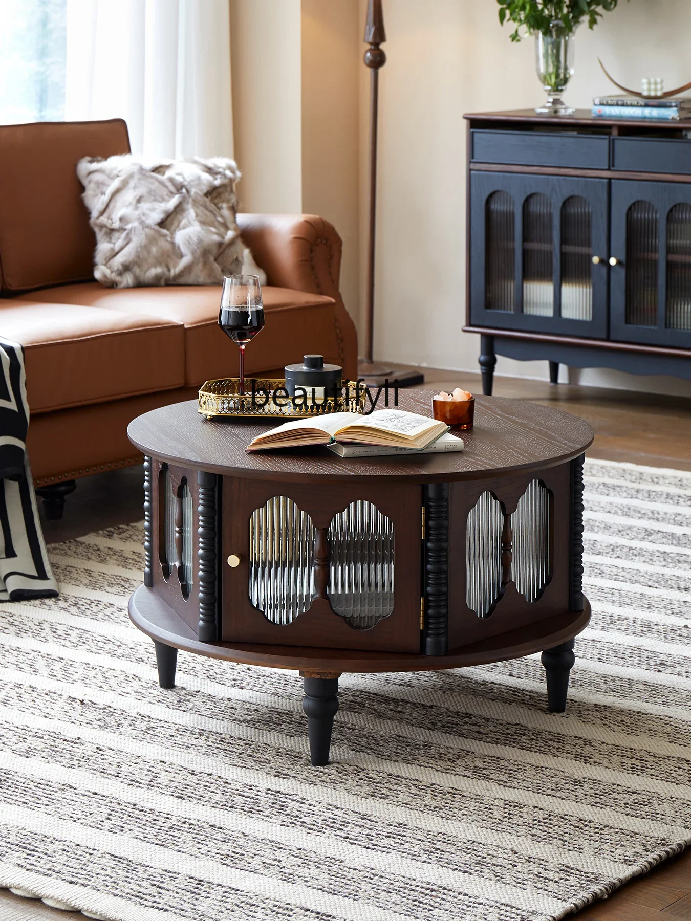 

45French Retro Solid Wood Tea Table Living Room Home Simple Small Apartment TV Cabinet round Changhong Glass Tea Table