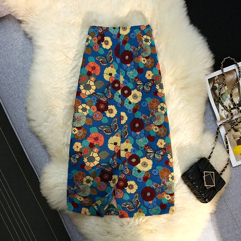 2025 Chinese Style Women Skirt Floral Butterfly Embroidery High Waist Vintage Elegance A-line Female Skirts