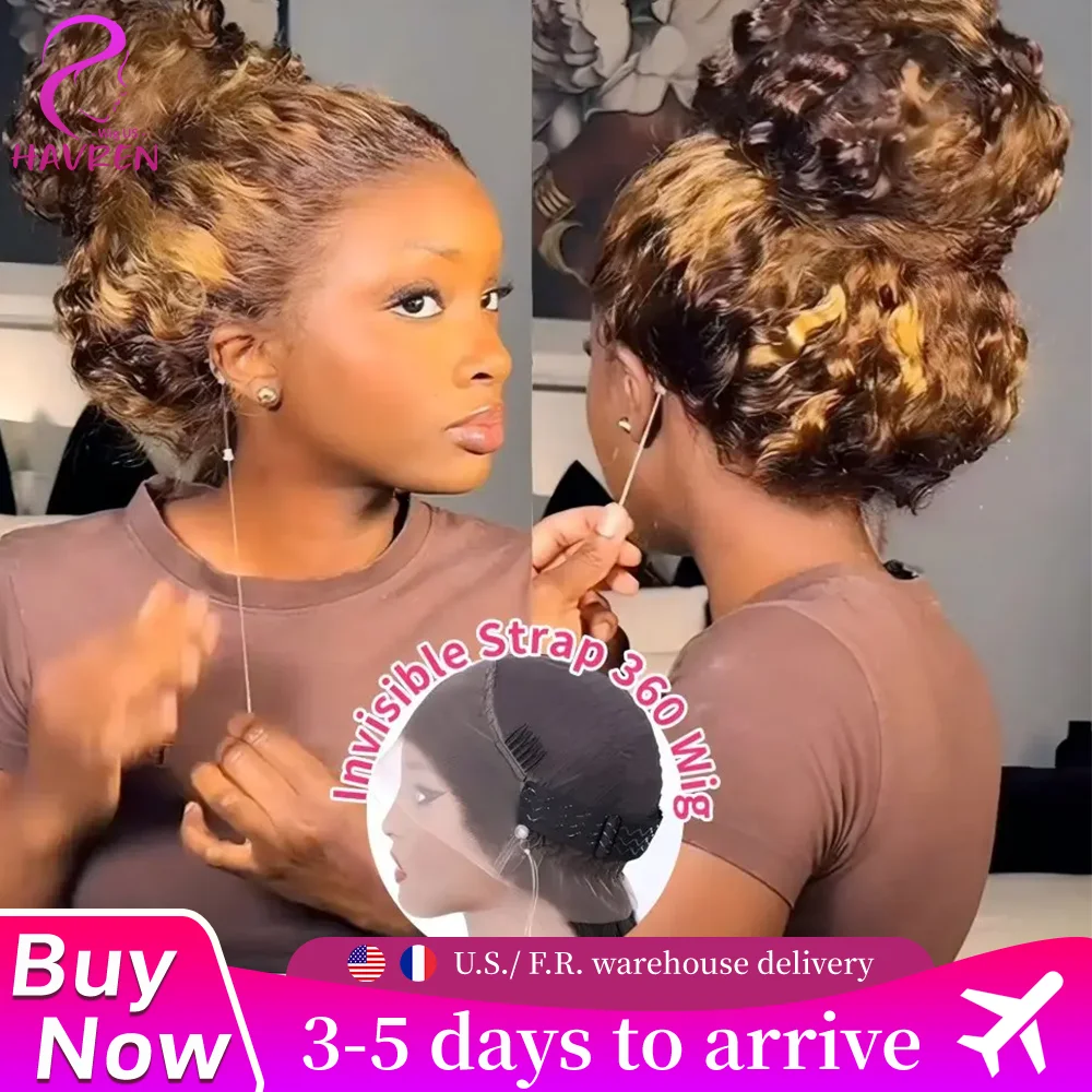 

Deep Wave Invisible Strap 360 Full Lace Wig Curly P427 Highlight Water Wave Human Hair 220 Density Preplucked 360 Lace Front Wig