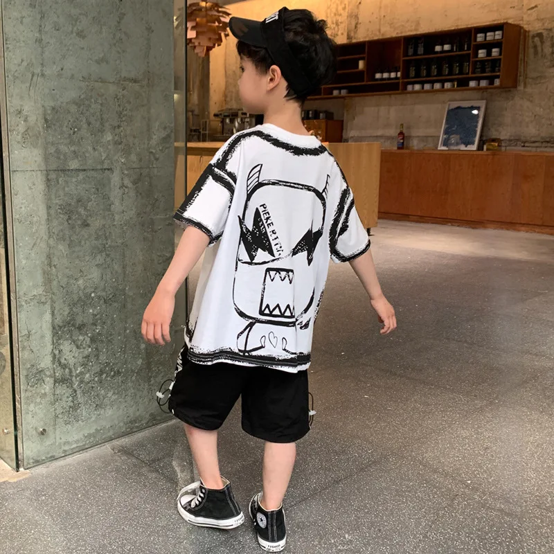 Summer Casual Boys Cotton Contrast Alphabet Graffiti t-Shirt Top+Shorts Pant Set School Kids Tracksuit Child 2PCS Outfit 5-14 Yr