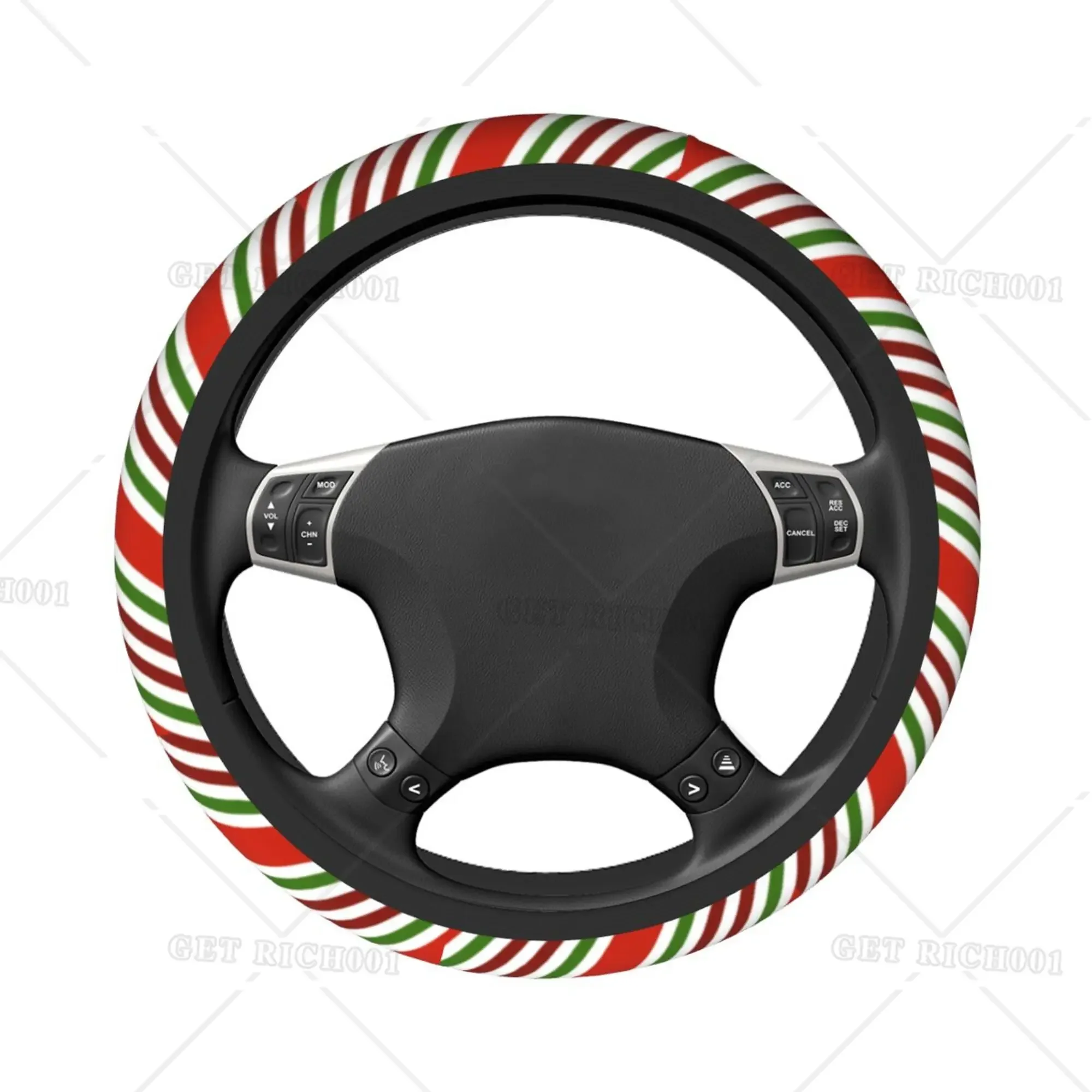 Red and Green Candy Cane Stripe Christmas Car Steering Wheel Cover Tartan Car Decoration Accessories Car Interior for Men Women