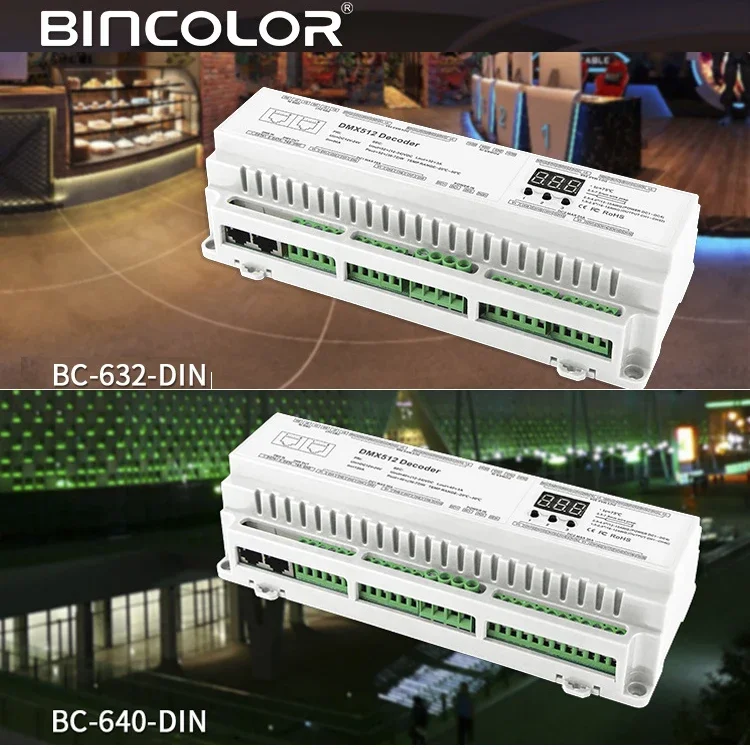 

3A*32CH 40CH DIN Rail DMX Decoder CV PWM RJ45 8-bit,16-bit DMX512/1990 Single color CCT RGB RGBW LED Controller DC 12V-24V