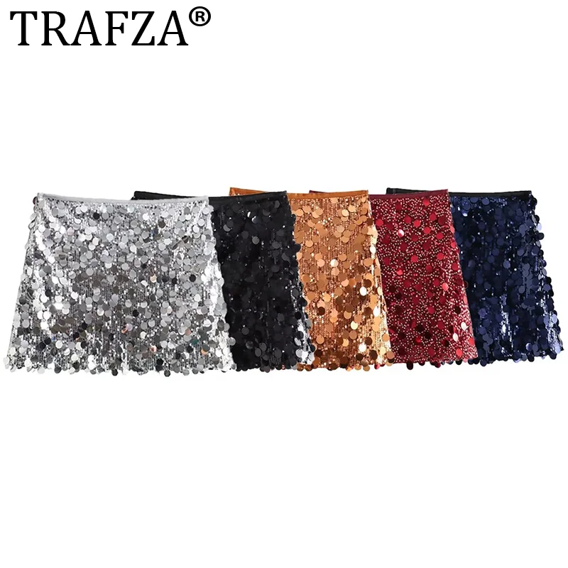 

TRAFZA Women's Stage Sexy Sequin Mini Skirt Vintage Y2K Nightclub Party Short Skirt Fashion A-Line High Waist Slim Semi Skirt