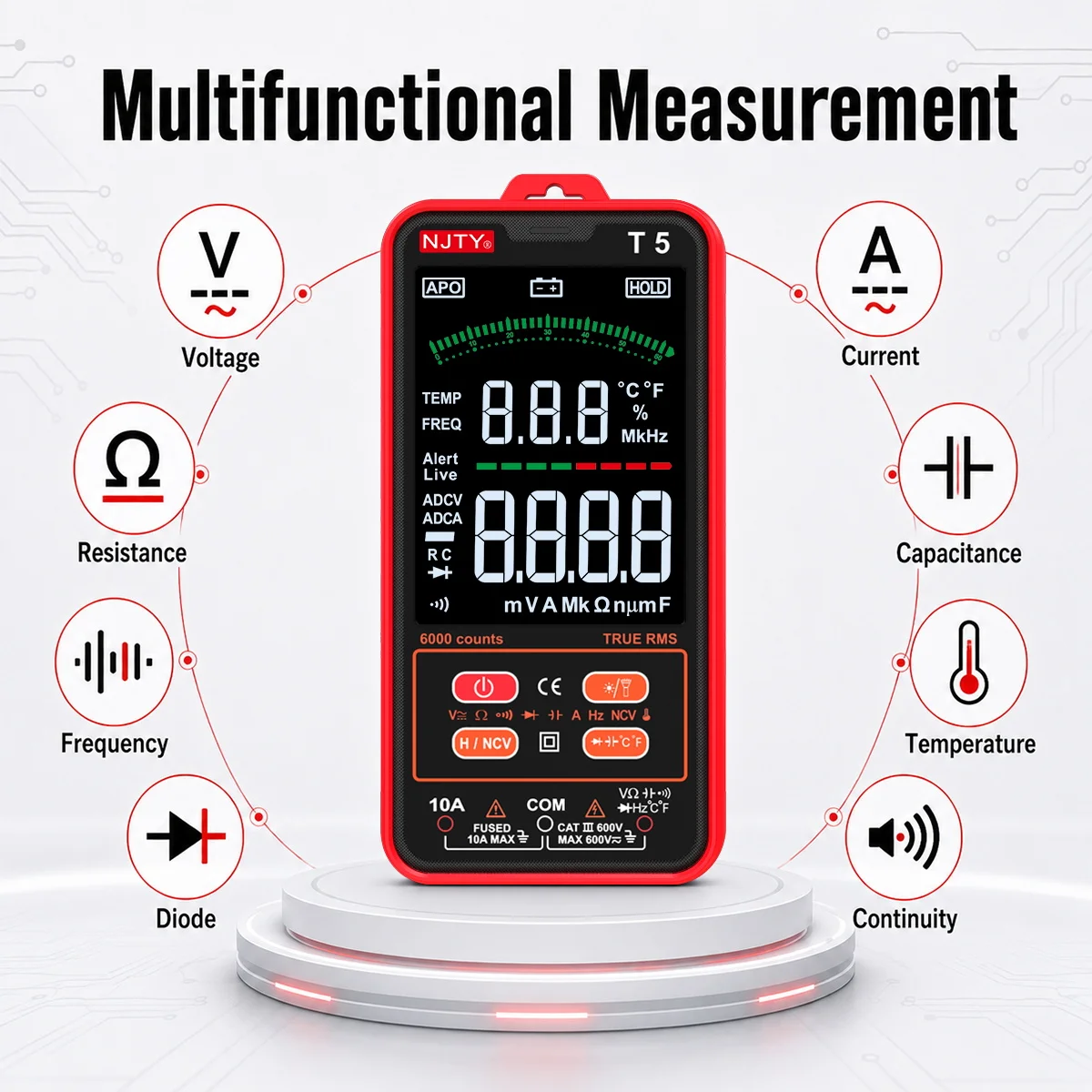 T5 Smart Digital-Multimeter mit Farbdisplay, 6000 Zählungen, True RMS, automatische Bereichswahl, AC/DC-Spannung, Strom, Widerstand, NCV, Temperaturmessgerät – Detail 8