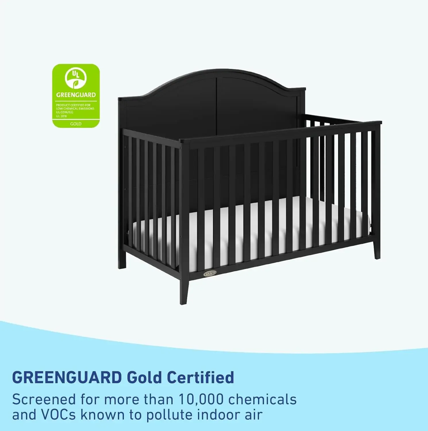 Berço conversível Graco Wilfred, preto, certificado GREENGUARD Gold, converte em cama de criança e cama de tamanho completo, 5 em 1