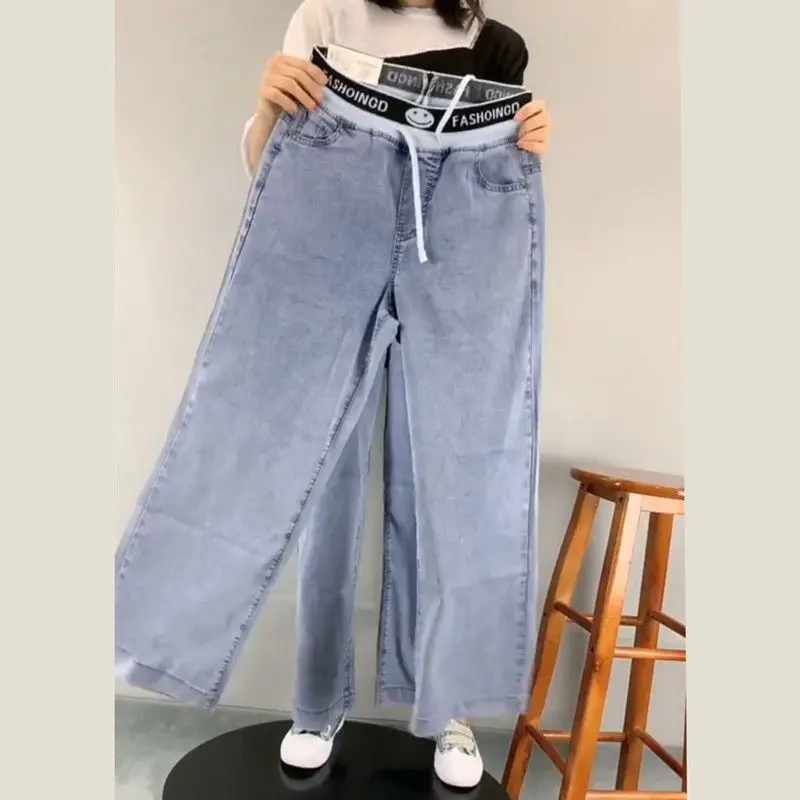 Sommer Neue Hohe Taille Koreanische Sle frauen Jeans Dra Lose Breite Bein Gerade Lange Hosen Hitzebeständige Ele Damen tro...