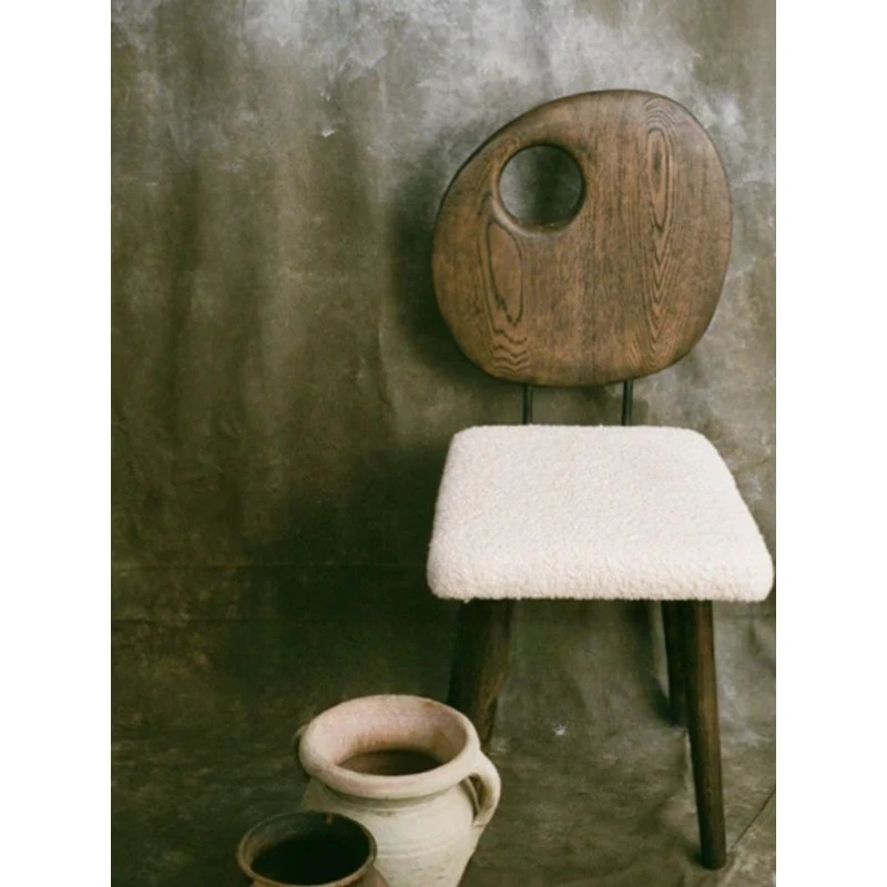 Wabi Sansan Lamb Fleece Ash Wood Dining Chair Bedroom Book Chair Designer Retro Style Homestay Hotel Single Chair