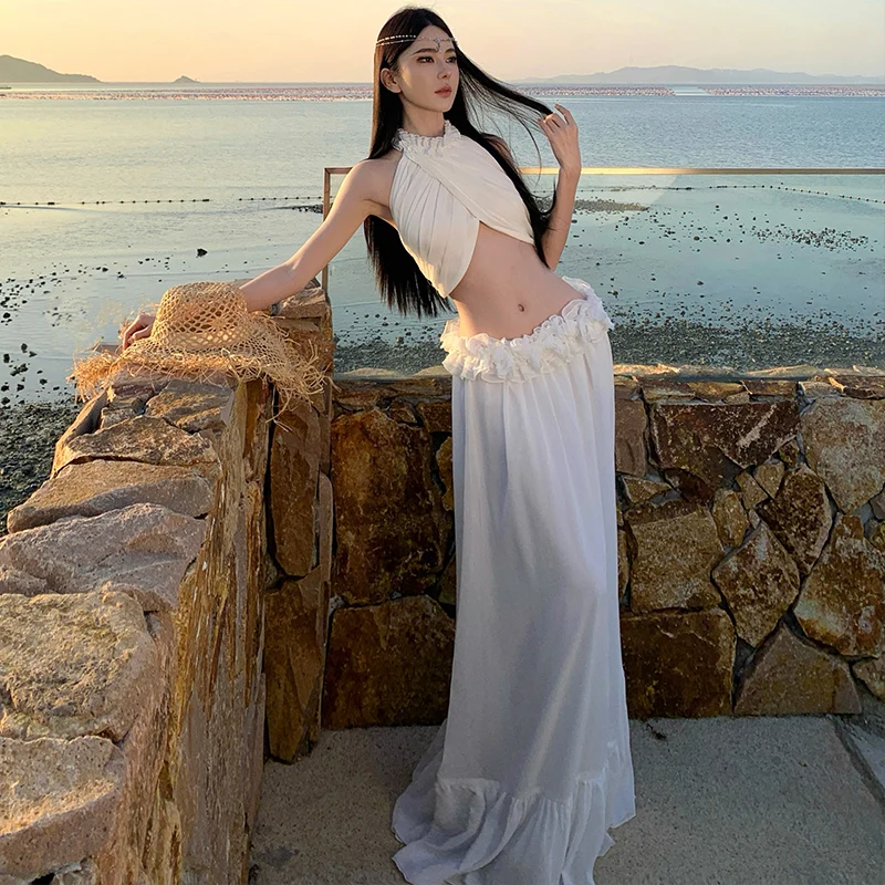 Elegant Vacation Outfit Women Sexy Cross-Neck Top Lace Trim Long Skirt Two-Piece Set Unique Design Ladylike Style Travel Style