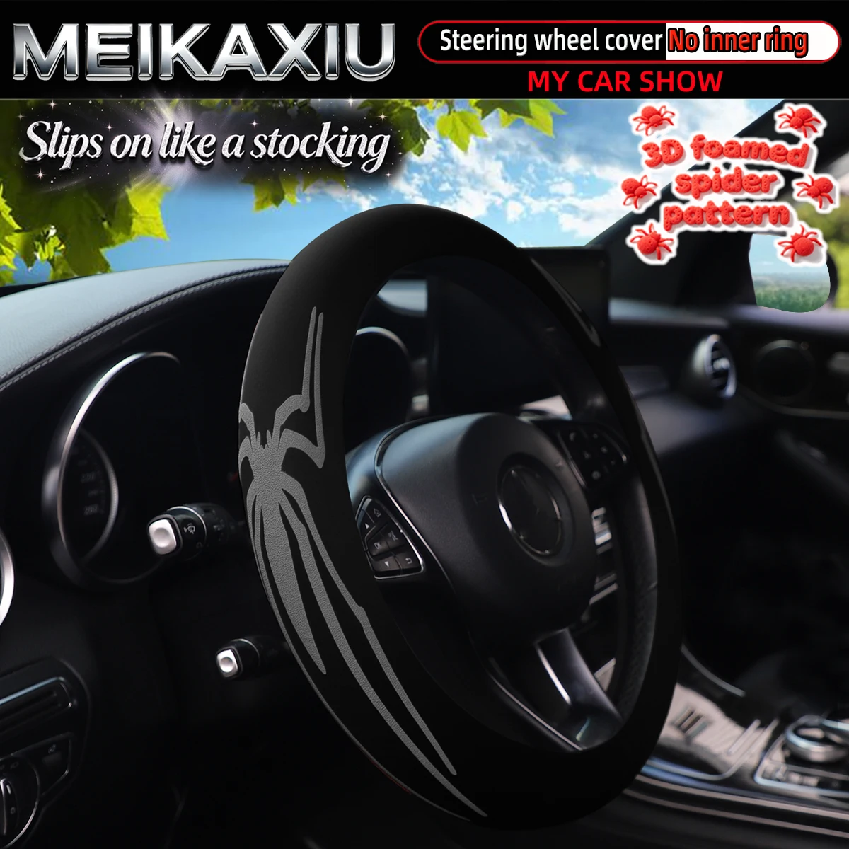 3D Spider Silent-fit Steering Wheel Cover for Women Comfortable Elastic Fabric Foam Car Accessory with Inner Ring Included