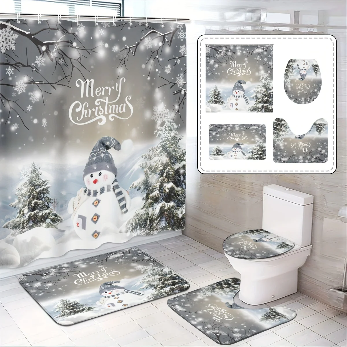 4PCS Snowman & Snowflake Bathroom Set – 12 Hooks Non-Slip Mat U-Seat Cover Toilet Lid Cover Winter Holiday Decor