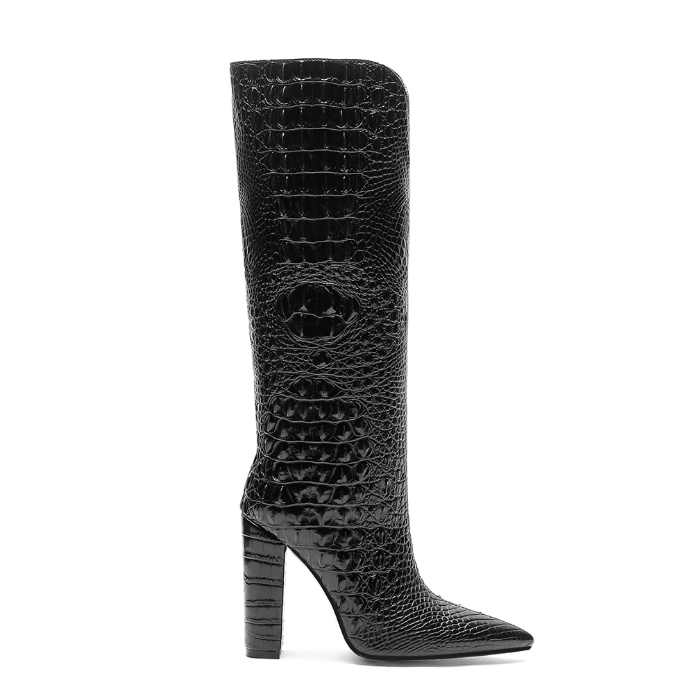 Arden Furtado 2024 Autumn Embossed leather knee high boots Pointed toe Patchwork V-mouth Slip-on Super high heel Modern boots