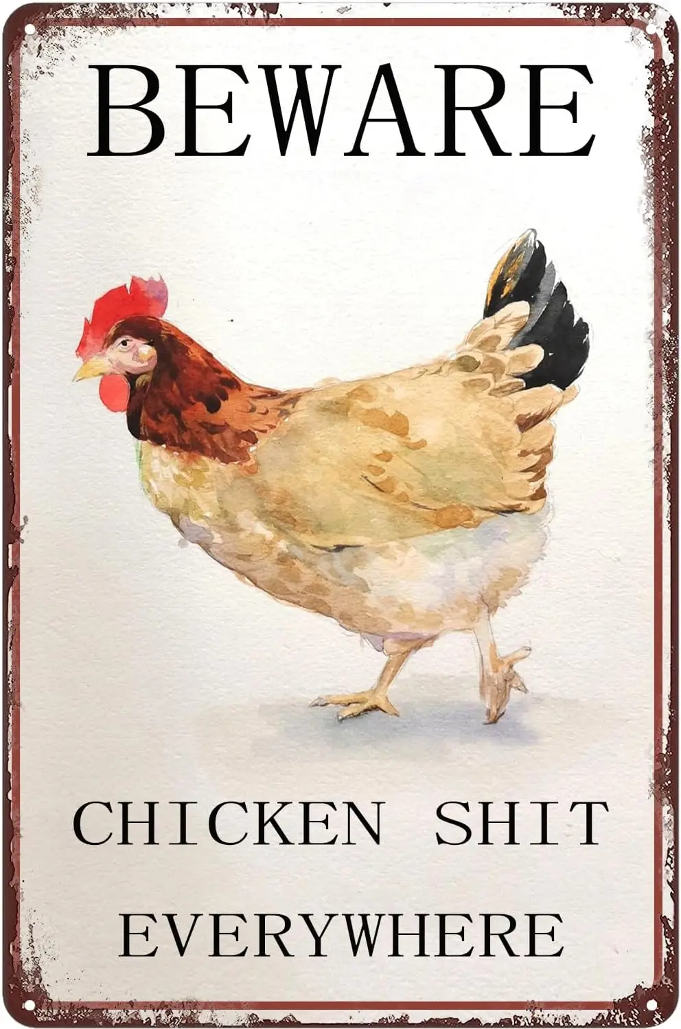 1p,Funny Chicken Sign - Beware Chicken shit everywhere - Vintage Metal Tin Plaque for Wall Decor in Bars, Pubs, Man Caves, and M