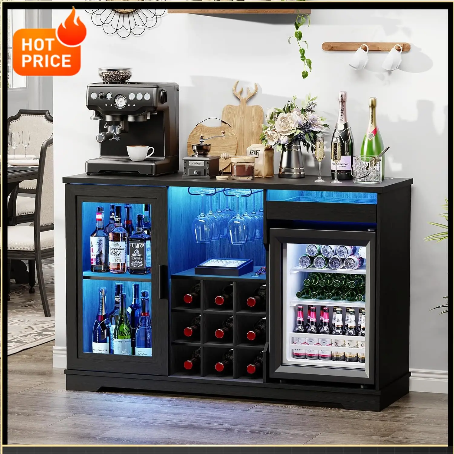 

Бестселлер: Винный барный шкаф с холодильником (в комплекте), шкаф для алкоголя и кофе с LED-подсветкой и полками, мини-холодильник-шкаф с местом для хранения