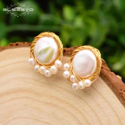 GLSEEVO Original Natural Baroque Flat Fresh Water Pearl  For Women Stud Earrings For Women Party Custom Fine Jewelry GE0646