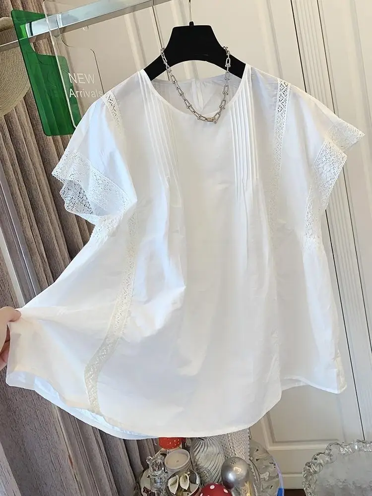 

2025 Fashion Summer Embroidery Lace O-neck Casual Blouses New Korean Women's Lantern Sleeve Loose Shirts Clothes