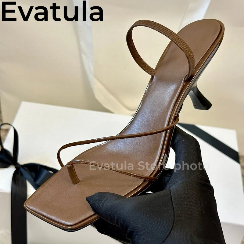 2024 Summer Narrow Band Genuine Leather Kitten Heel Sandals Women Square Toe Flip Flops Slippers Sexy Dress Mules Shoes Ladies