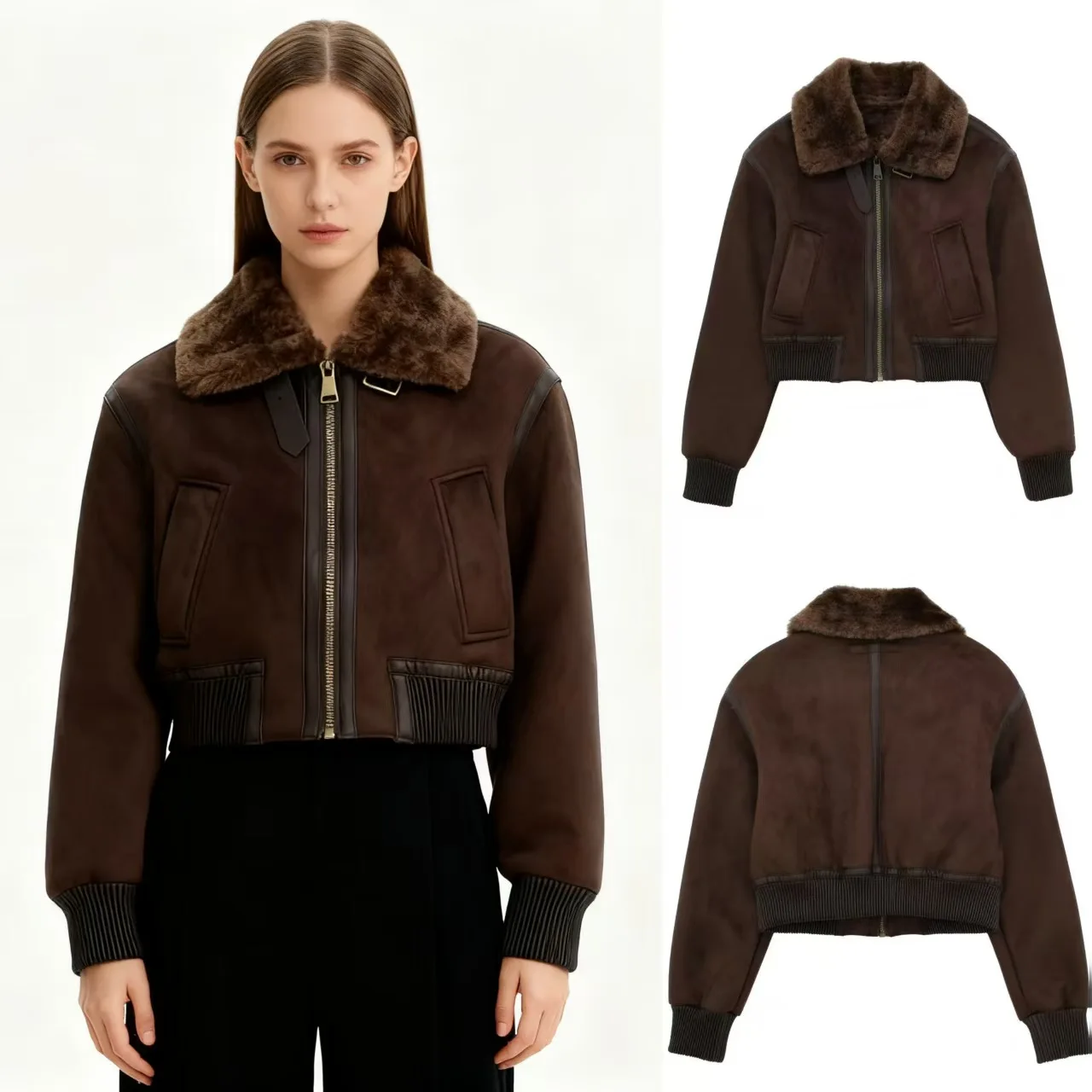 Women's Retro Brown Faux Fur Collar Zip Up Flap Pocket Ribbed Cuffs Hem Long Sleeve Warm Winter Short Bomber Jacket