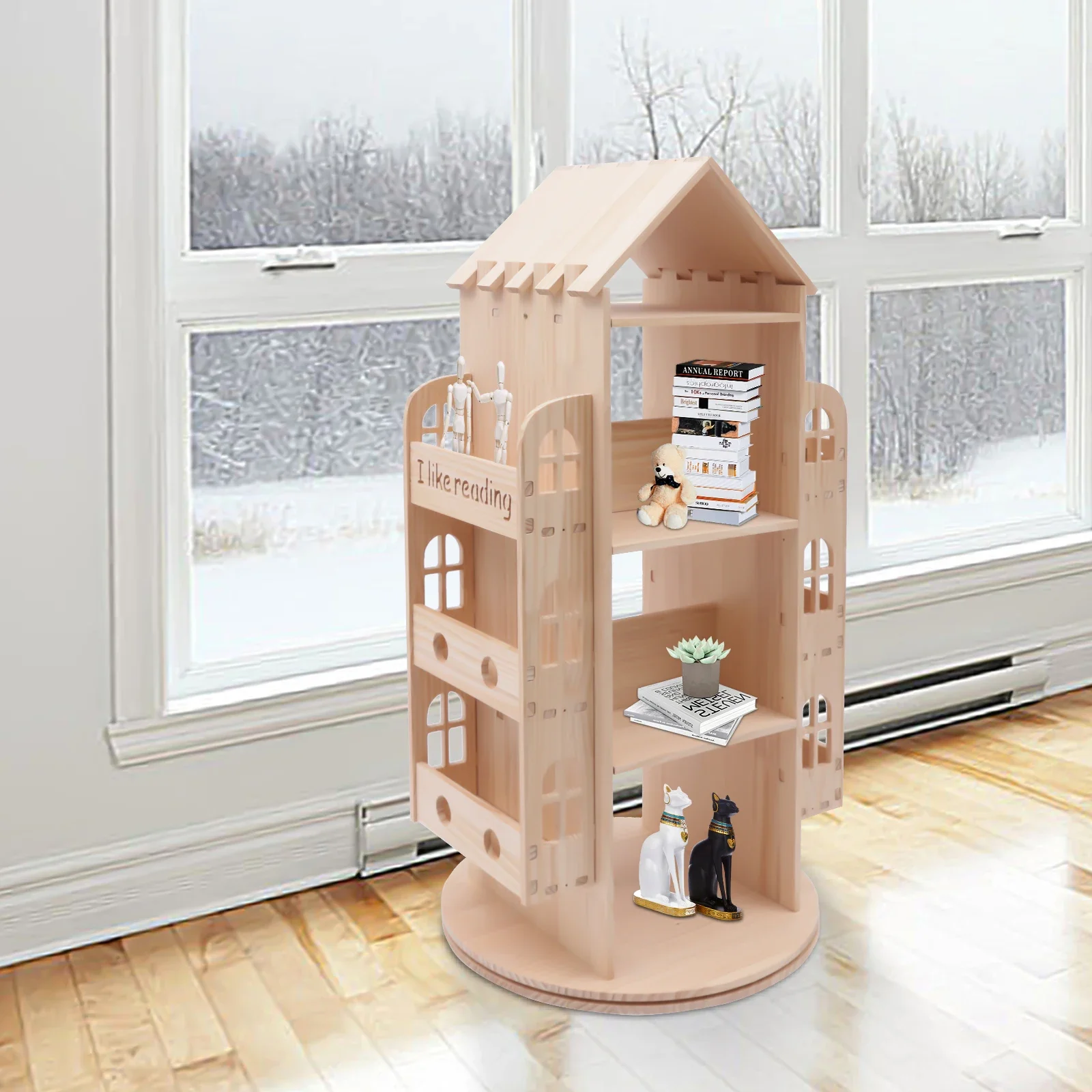 Wood Rotating Bookshelf 360° Display Floor Standing Bookcase Storage Rack Display Stand for Kids Children's Bookshelf