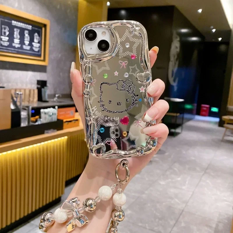 Electroplated Mirror Cute Sanrio Hello Kitty Case for IPhone 15 14 Pro Max 11 12 13 Pro Max Cover Pink Frame Cute Cartoon Cover