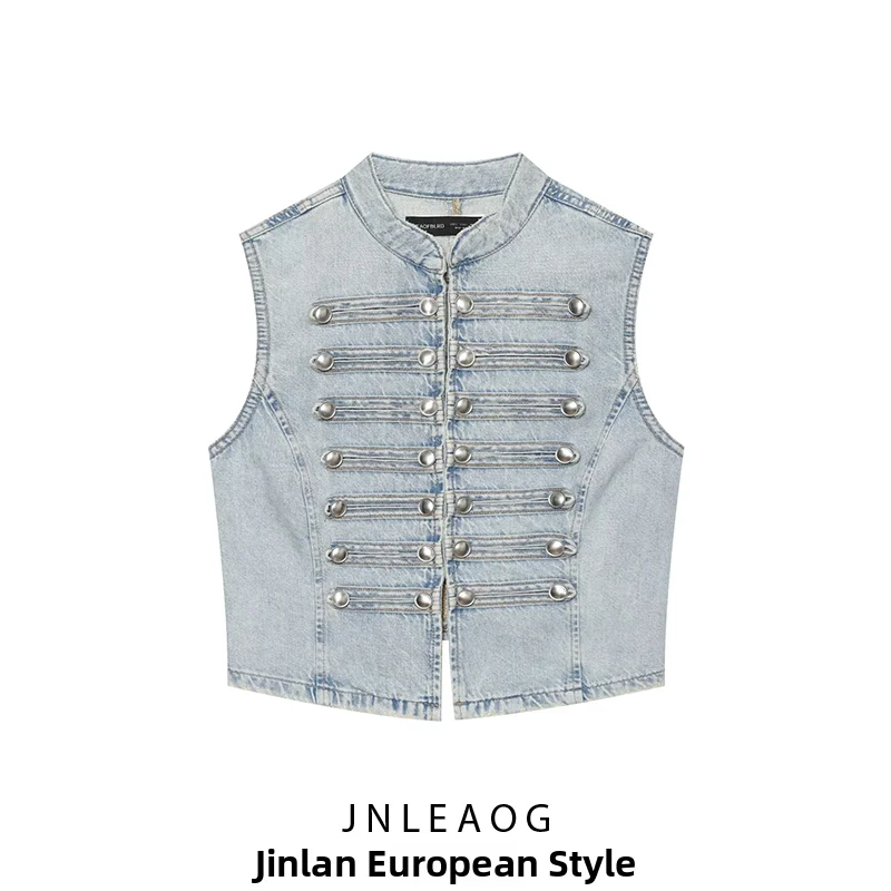 Fashionable Sleeveless Stand Collar Button up Denim Vest JNLEAOG Women's Autumn New Style Polyester Fiber Outerwear Vest