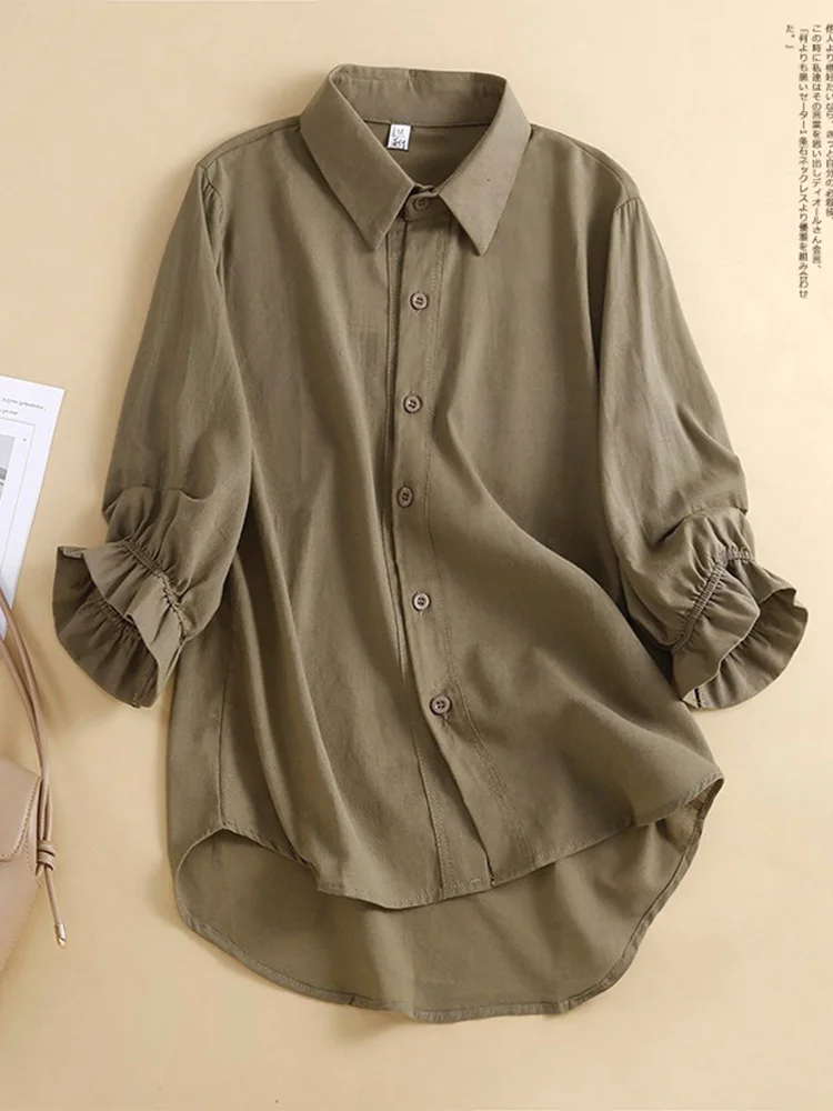 

Женский японский тонкий хлопок и лен irt f Sve воротник свободного покроя для поездок на работу с пуговицами однотонного цвета