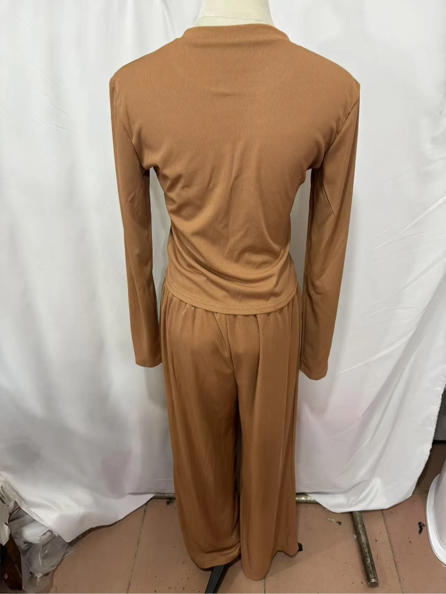 Ropa informal de 2 piezas para mujer, jersey de manga larga con cuello simulado, camiseta recortada y pantalones de pierna ancha, ropa de descanso para tiempo libre diario