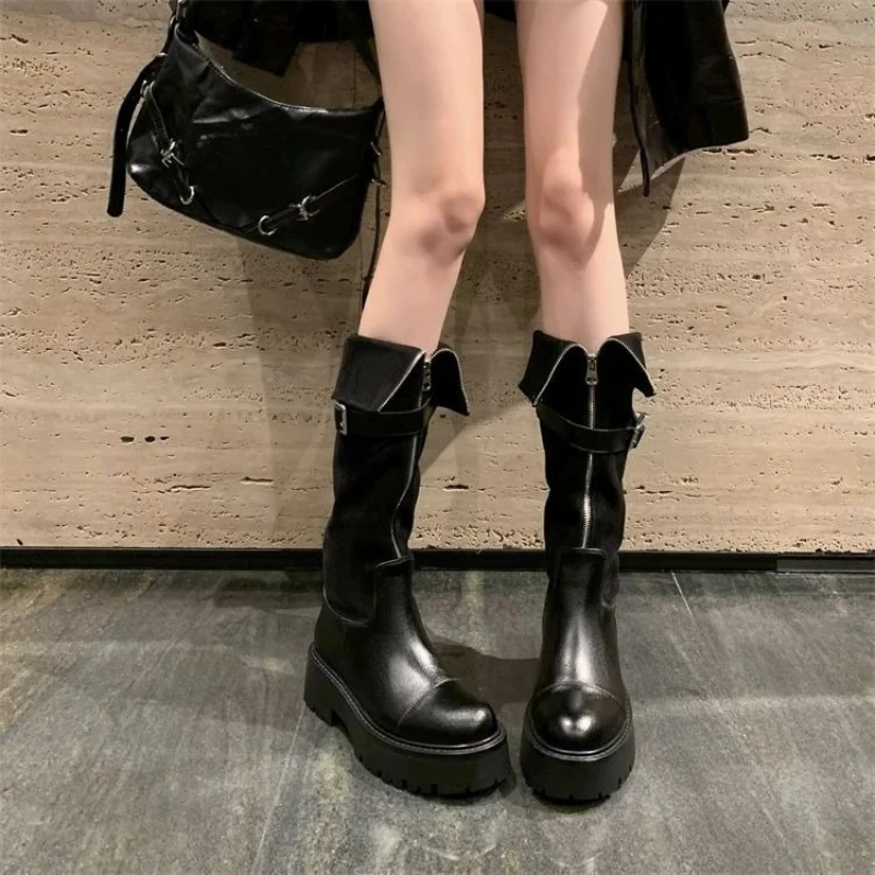 Autumn Winter Belt Buckle Ladies Knee High Shaft Shoes Y2k Designer Luxury Footwear Demi-season Gothic Goth Women's Long Boots - view 5