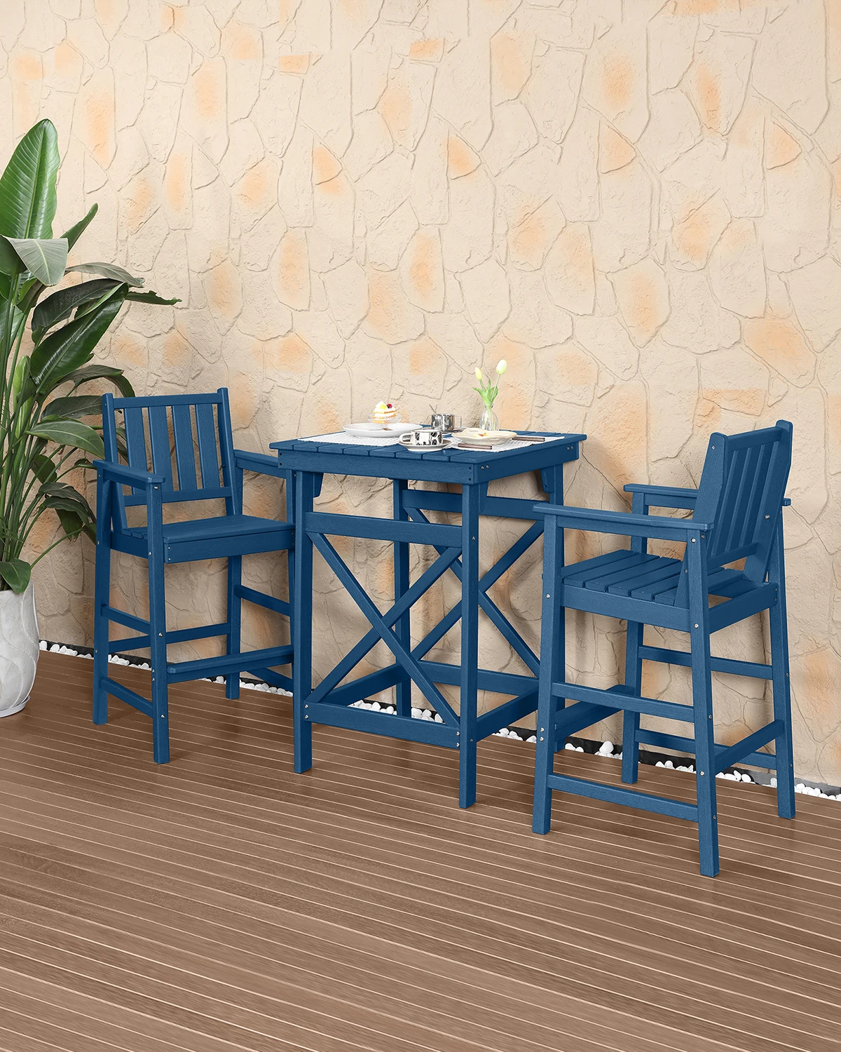 

Navy Square Bar Table Set Footrest UV-Proof Durable HDPE Outdoor Furniture Easy Clean Drainage for Courtyard Warehouse Hotel