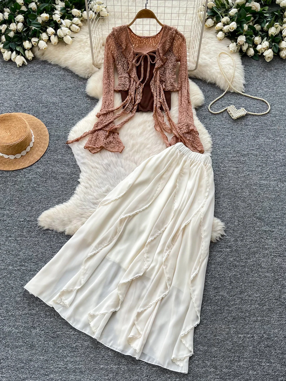 Women's Gentle Wind Open Cardigan Tank Top Half Skirt Four-Piece Set Slimming Long Sleeve Commute Style Fashionable Autumn Wear